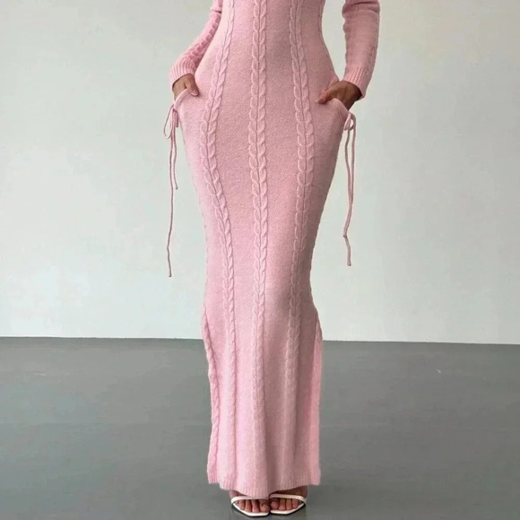 Pink Elegant Women's Warm Cinched Waist Knitted Dress - Picture 6 of 8